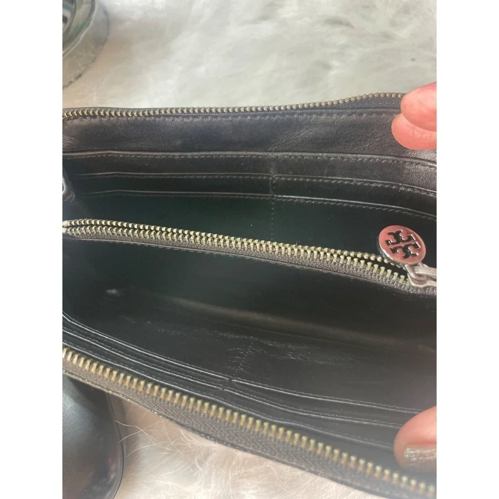 Tory Burch Black Lizard Embossed Leather Zip Wallet With Logo Accent & Metal Zip